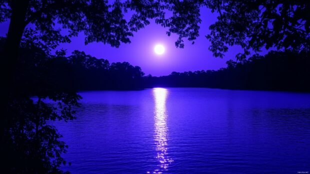 A mystical purple Moon glowing softly over a calm forest lake, its light casting an ethereal purple hue on the water.