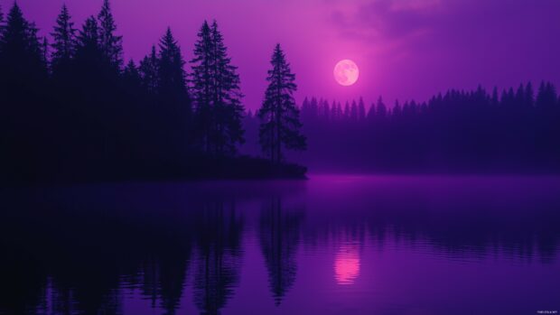 A mystical purple Moon glowing softly over a calm forest lake, its light casting an ethereal purple hue on the water, with silhouettes of trees along the shore.