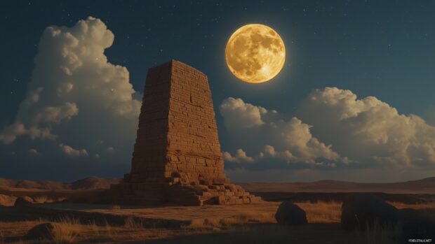 A mystical scene of a full moon in the night sky above an ancient stone monument, with a hint of clouds and a sense of timeless wonder.