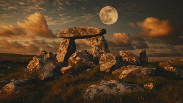 A mystical scene of a full moon in the night sky above an ancient stone monument, with a hint of clouds and a sense of timeless wonder.