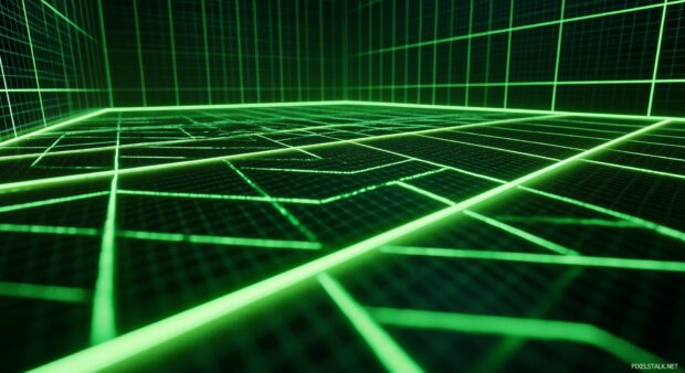 A neon green grid pattern background illuminated with soft glowing lines.