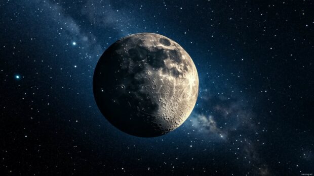 A new moon phase in a clear sky, with the night illuminated by stars and a faint glow of the Milky Way in the distance.