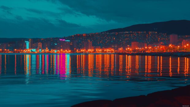 A night scene of a city waterfront 4K image with reflections of city lights dancing on the water.