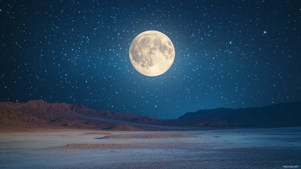 A night sky desktop wallpaper with a full moon shining brightly amidst a sea of twinkling stars, casting a soft glow over a calm desert landscape .