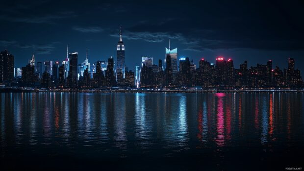 A night view of the New York City skyline from across the Hudson River.