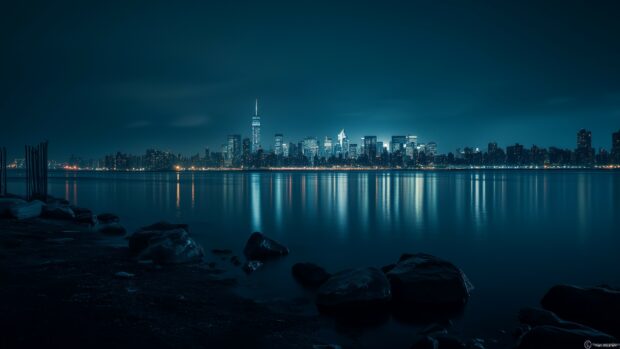 A night view of the New York City skyline from across the Hudson River, 4K background.