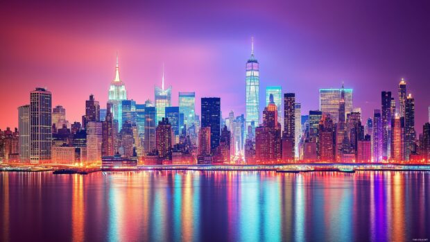 A night view of the New York City skyline from across the Hudson River.