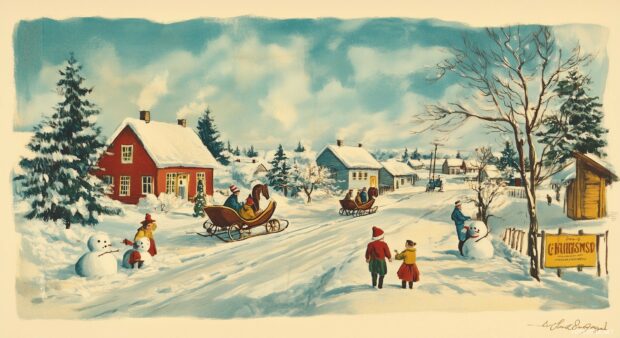 A nostalgic Christmas postcard design showcasing a snowy village with horse drawn sleighs, children building snowmen, and vintage holiday banners, evoking the charm of yesteryear (2).