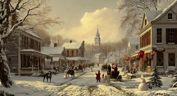 A nostalgic Christmas postcard design showcasing a snowy village with horse drawn sleighs, children building snowmen, and vintage holiday banners, evoking the charm of yesteryear.