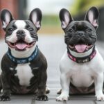 A pair of Black and white French Bulldogs with matching collars, sitting on a stylish urban street.