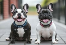 A pair of Black and white French Bulldogs with matching collars, sitting on a stylish urban street.