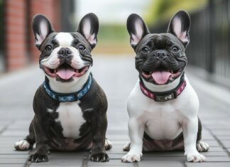 A pair of Black and white French Bulldogs with matching collars, sitting on a stylish urban street.