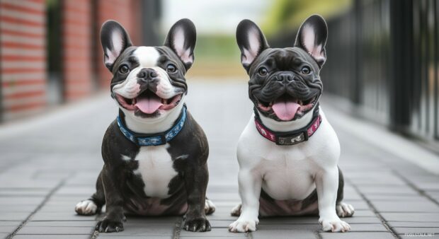 A pair of Black and white French Bulldogs with matching collars, sitting on a stylish urban street.