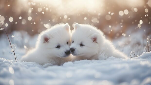 A pair of Samoyed puppies with fluffy white fur, playing in the snow.