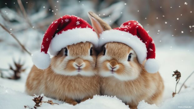 A pair of cute bunnies wearing Christmas hats, sitting in a snowy field.