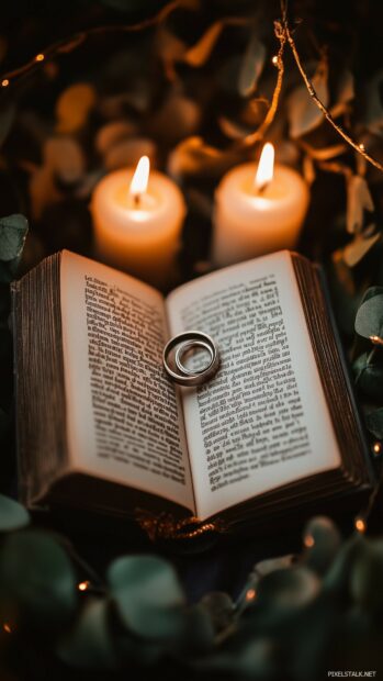 A pair of wedding rings placed delicately on top of an open book with romantic poetry, surrounded by soft candlelight.