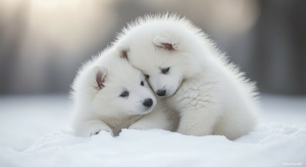 A pair of white Samoyed puppies with fluffy white fur, playing in the snow.