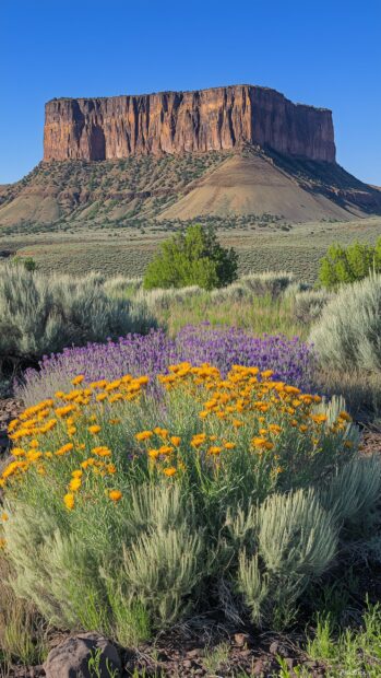 A panoramic view of a rugged mountain range, with vibrant wildflowers blooming in the foreground.