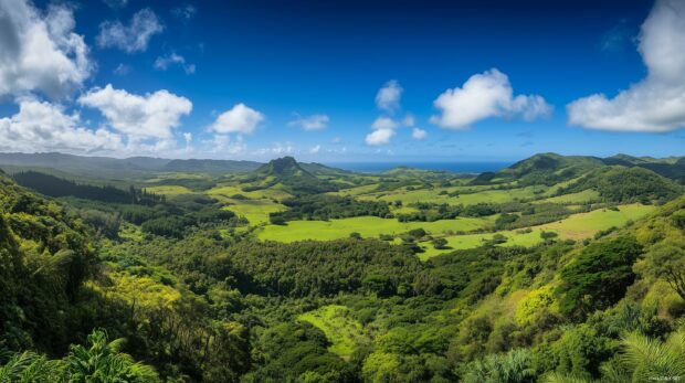 A panoramic view of a vibrant green forest with rolling hills, diverse plant life, and a clear, blue sky overhead.