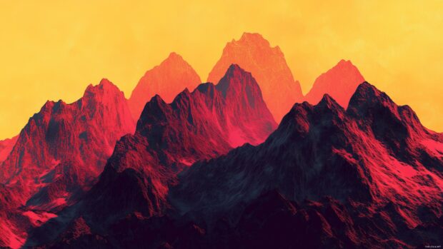 A panoramic view of jagged mountain peaks glowing in the soft light of a golden hour.