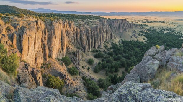 A panoramic view of the Rocky Mountains during sunrise.