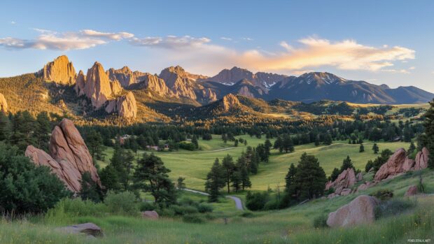 A panoramic view of the Rocky Mountains during sunrise, with golden light hitting jagged cliffs and valley.