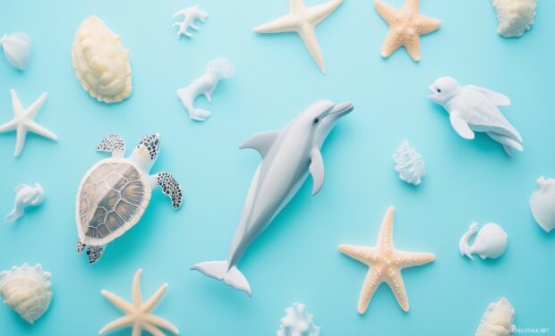 A pastel blue background filled with cute ocean creatures like dolphins, starfish, and turtles.