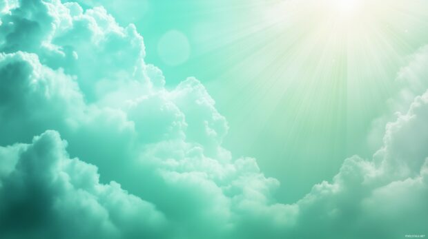 A pastel green 4K background adorned with soft clouds and sunlight rays, creating a dreamy and airy look.