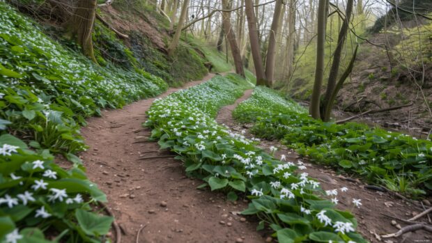 A path through a spring forest with fresh green leaves and flowers.