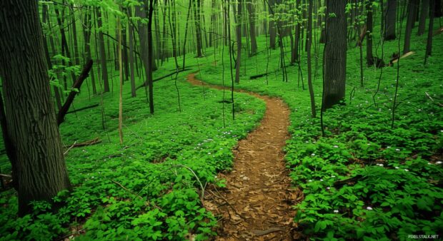 A path through a spring forest with fresh green leaves and flowers.