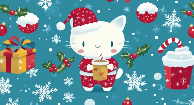 A pattern of Hello Kitty wearing Christmas pajamas, holding hot cocoa, and surrounded by snowflakes and holly berries.