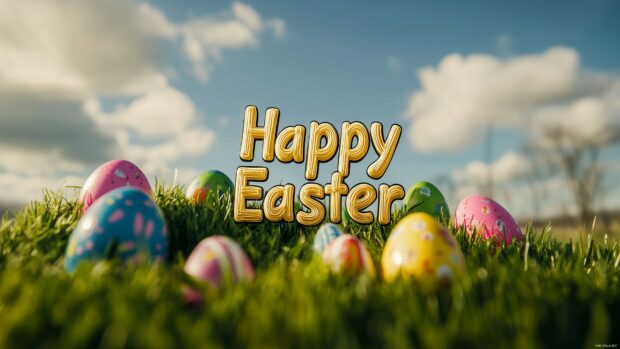 A peaceful Easter wallpaper with the words Happy Easter in elegant, flowing text, placed against a backdrop of green grass and colorful eggs.