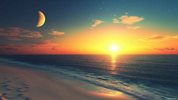 A peaceful beach with the sun setting on one horizon and the moon reflecting on the water opposite.