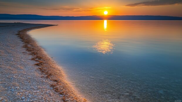 A peaceful beach with the sun setting on one horizon and the moon reflecting on the water opposite.