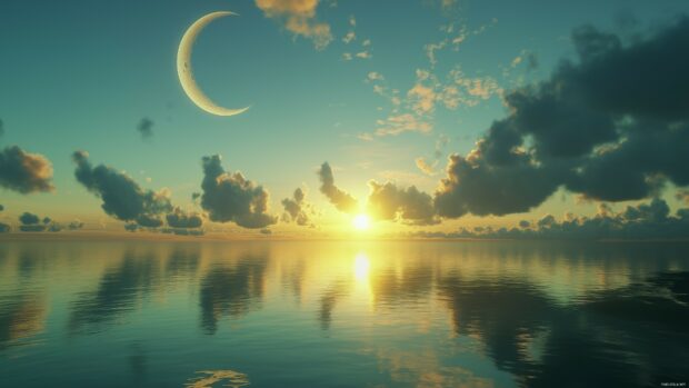 A peaceful beach with the sun setting on one horizon and the moon reflecting on the water opposite.