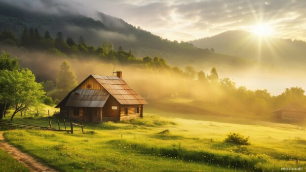 A peaceful countryside 1080p desktop background with rolling hills and a rustic farmhouse.