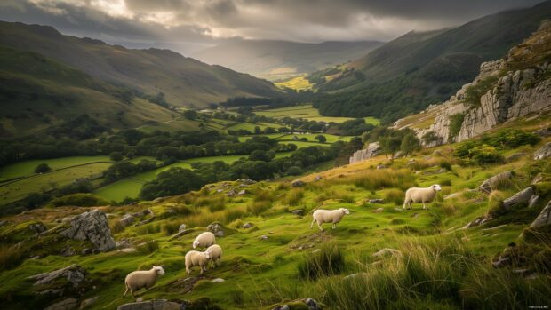 A peaceful countryside 4K desktop wallpaper HD with grazing sheep on a hillside overlooking a serene valley.