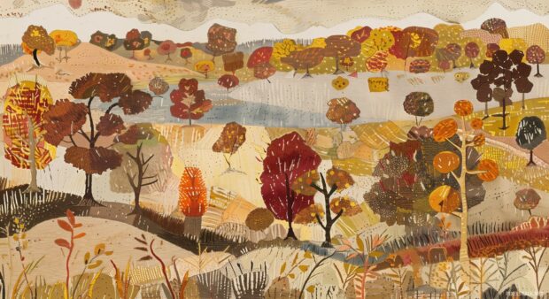 A peaceful countryside scene in autumn, fields in various shades of gold and red.