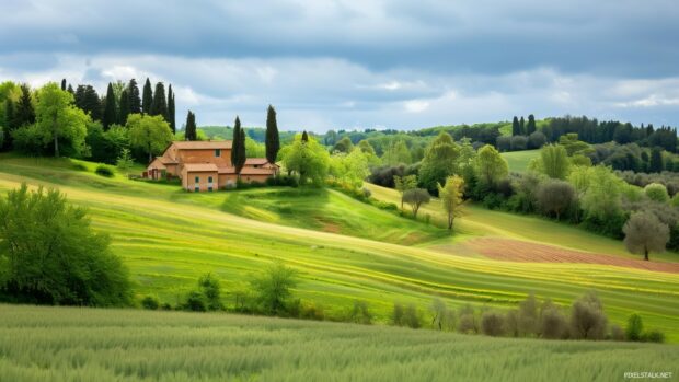 A peaceful countryside scene with rolling hills and a rustic farmhouse.