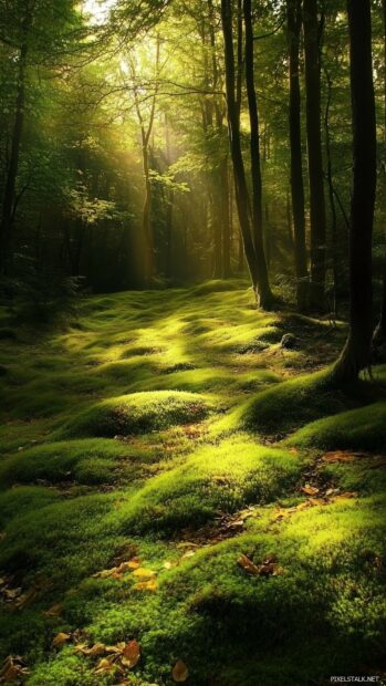 A peaceful forest 1080x1920 Background with a dreamy, aesthetic quality, showcasing the interplay of shadows and light on a carpet of fallen leaves and moss covered ground.