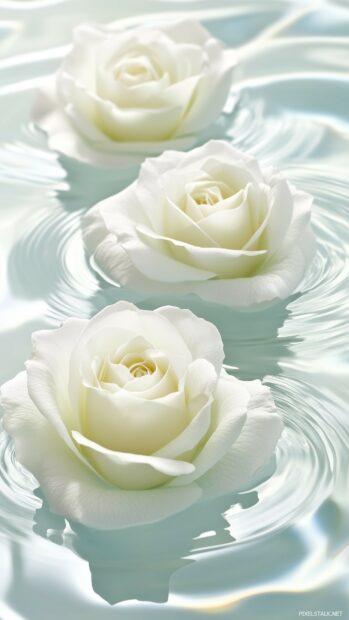 A peaceful image of white 3D roses floating on water, surrounded by delicate petals and soft ripples, evoking tranquility and harmony.