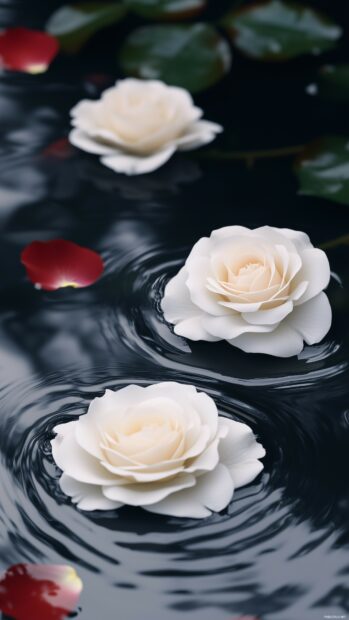 A peaceful image of white roses floating on water.