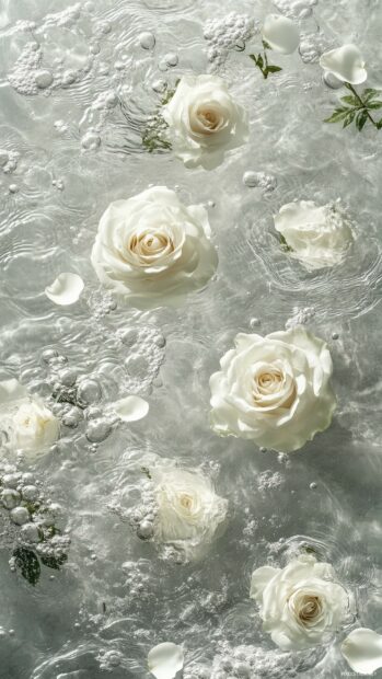 A peaceful image of white roses floating on water, surrounded by delicate petals and soft ripples.