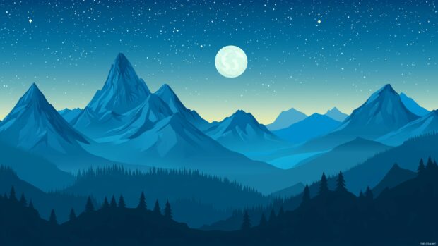 A peaceful mountain landscape illuminated by bright moonlight, with silhouettes of distant peaks and a starry sky.