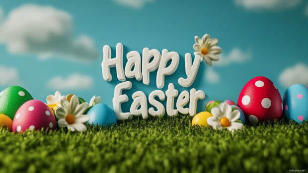 A peaceful, nature filled Easter HD desktop wallpaper with the words Happy Easter in elegant, flowing text, placed against a backdrop of green grass and colorful eggs.