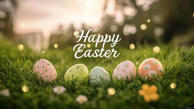 A peaceful, nature filled Easter scene with the words Happy Easter in elegant, flowing text, placed against a backdrop of green grass and colorful eggs.