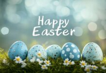 A peaceful, nature filled Easter scene with the words Happy Easter in elegant, flowing text, placed against a backdrop of green grass and colorful eggs.