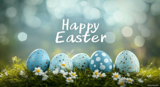 A peaceful, nature filled Easter scene with the words Happy Easter in elegant, flowing text, placed against a backdrop of green grass and colorful eggs.