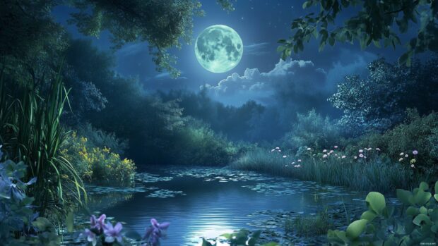 A peaceful night scene of a full moon rising above a calm, reflective pond surrounded by lush greenery and flowering plants.