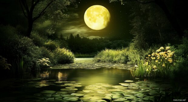 A peaceful night scene of a full moon rising above a calm, reflective pond surrounded by lush greenery and flowering plants.